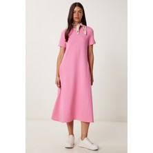 A Kesim Yazlık Örme Elbise LUB0005 PEMBE
