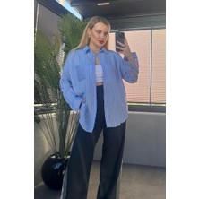 Bebe Mavisi Tek Cepli Çizgili Oversize Modal Gömlek