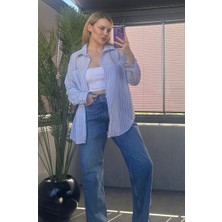 Açık Mavi Tek Cepli Çizgili Oversize Modal Keten Gömlek