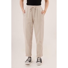 Cepli Belden Bağlamalı Paça Detaylı Krem Pantolon