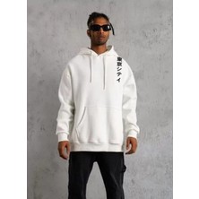 Unisex Kapşonlu Uzun Kol Baskılı Sweetshirt - Beyaz