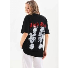 Unisex Baskılı Oversize T-Shirt - Siyah