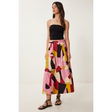 Desenli Poplin Midi Dokuma Etek Pembe Krem LCR0079