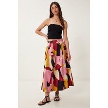 Desenli Poplin Midi Dokuma Etek Pembe Krem LCR0079