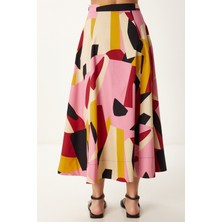 Desenli Poplin Midi Dokuma Etek Pembe Krem LCR0079