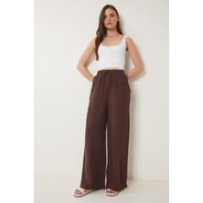 Happiness İstanbul Müslin Kadın Palazzo Pantolon LMX0008 Geniş Paça Kahverengi Polyester - Pamuk Rahat Stil