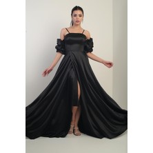 Kadın Ince Askılı Astarlı Takma Kollu Cepli Uzun Saten Elbise