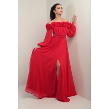 Kadın Çiçekli Madonna Yaka Kemerli Astarlı Şifon Uzun Elbise