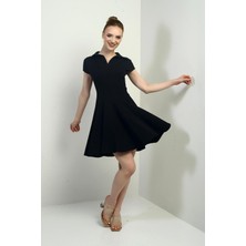 Kadın Polo Yaka Ay Kollu Likralı Kloş Kısa Elbise