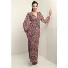 Kadın V Yaka Astarlı Çiçek Desenli Komple Pileli Şifon Uzun Elbise