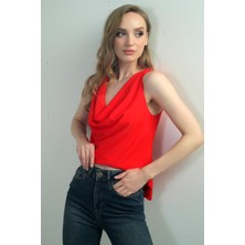 Kadın Degaje Yaka Kolsuz Krep Saten Bluz