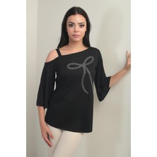 Kadın Tek Omuzlu Fiyonk Taş Baskılı Likralı Bluz