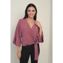 Kadın Kruvaze Yaka Kısa Ayrobin Bluz