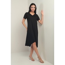 Kadın V Yaka Arkası Melek Kanatlı Zincir Detaylı Asimetrik Midi Elbise