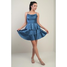 Kadın Ip Askılı Arkadan Bağcıklı Eteği Kat Kat Saten Kısa Elbise