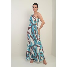 Kadın Tek Omuz Yandan Pencereli Soyut Desenli Uzun Krep Saten Elbise