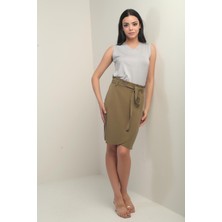 Kadın Beli Kuşaklı Kruvaze Lyocell Kısa Etek