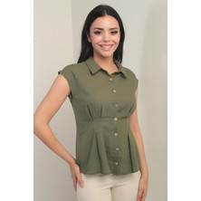 Kadın Beli Pileli Kolsuz Gömlek