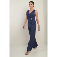 Kadın Ön Arka V Yaka Üst Yelek Görünümlü Bol Paça Tulum