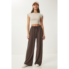 Happiness İstanbul Geniş Paça Kahverengi Modal Eşofman Altı LUB0070 Kadın İçin Esnek Yapılı Dokuma