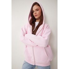 Kapüşonlu Fermuarlı Oversize Sweatshirt LUB0002 ŞEKER PEMBE