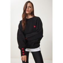 Kalp Nakışlı Şardonlu Örme Sweatshirt LMP0005 SİYAH