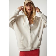 Kapüşonlu Fermuarlı Oversize Sweatshirt LUB0002 KREM