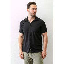 Erkek Kısa Kollu Düğme Kapamalı Dokulu Gömlek Siyah - 30001