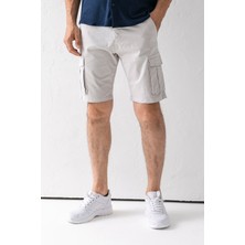 Erkek Düğme Kapamalı Kargo Cepli Pamuklu Şort Taş - 2855