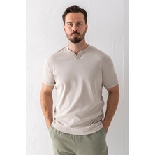 Erkek V Yaka Ribanalı Pamuklu T-Shirt Bej - 2122