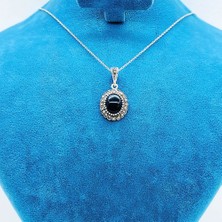 Tesbih Pasajı Zirkon ve Oltu Taşı Işçilikli 925 Ayar Gümüş Kolye