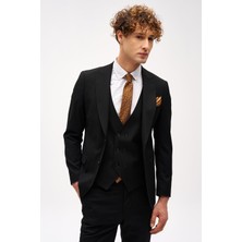 Erkek Siyah Slim Fit / Dar Kalıp Sivri Yaka Yelekli Takım Elbise