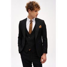 Erkek Siyah Slim Fit / Dar Kalıp Sivri Yaka Yelekli Takım Elbise