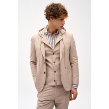 Erkek Bej Slim Fit / Dar Kalıp Mono Yaka Kombinli Takım Elbise