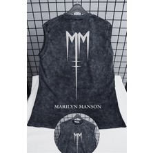 Marilyn Manson Logo Sırt Baskılı Yıkamalı Kolsuz Tişört, Unisex Rock Band Sıfır Kollu Eskitme Atlet