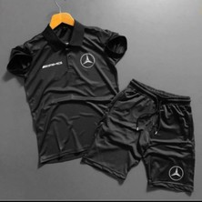 Siyah Polo Yaka Amg Baskılı Kısa Kollu Eşofman Takım