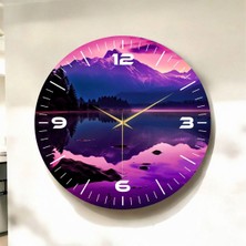 Göl Manzaralı Mor Renkli Baskı Desenli Sayılı Hediyelik Ahşap Sessiz Duvar Saati 45CM