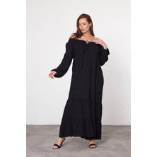 Kadın Siyah Madonna Yaka Kolu Lastikli Uzun Viskon Elbise HZL25S-VM10331