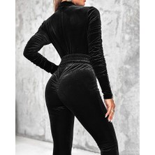 Edolika Kadın Uzun Kollu Önden Fermuar Detaylı Kemerli Kadife Tulum