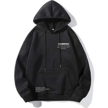 Unisex Siyah Happiest Baskılı Oversize Kapüşonlu Sweatshirt