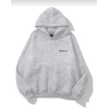 Unisex Gri Melenj Essentials Baskılı Oversize Sweatshirt Hoodie