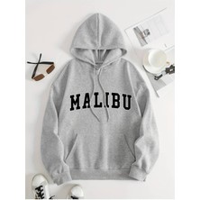Unisex Gri Malibu Baskılı Oversize Sweatshirt Hoodie