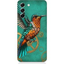 Teknomeg Samsung Galaxy S21 Fe Uyumlu Turkuaz Zeminde Sinek Kuşu  Desenli Silikon Kılıf