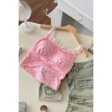 Pembe Çiçek Desenli Gloplu Dantel Detaylı Y2K Askılı Crop