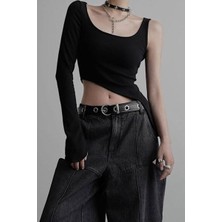 Siyah Kare Yaka Tek Gotik Y2K Kollu Crop