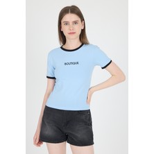 Mavi Yazı Baskılı Biyeli Pamuklu Slim Fit Tişört 9192M