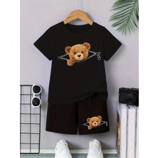 Calp Teks Fermuar Ayı Basklı Şort/t-Shirt Alt-Üst Yazlık Çocuk Takım