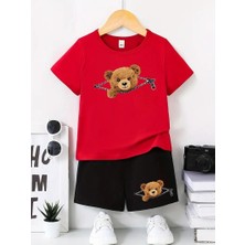 Calp Teks Fermuar Ayı Basklı Şort/t-Shirt Alt-Üst Yazlık Çocuk Takım