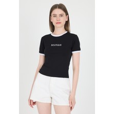 Siyah Yazı Baskılı Biyeli Pamuklu Slim Fit Tişört 9192M