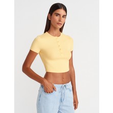 31647 Düğme Detaylı Crop Top-Sarı